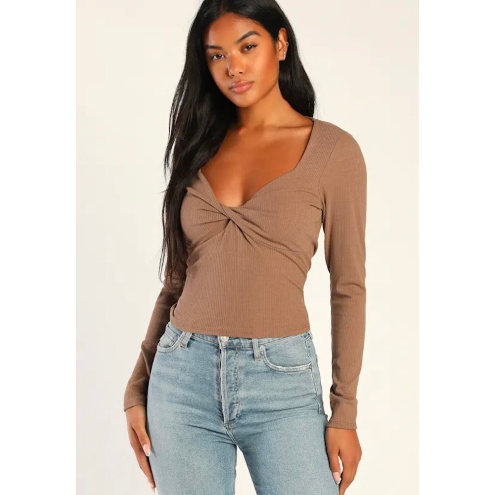 Lulus Modern Image Ribbed Long Sleeve Twist Front Top Sweetheart Women XS Brown